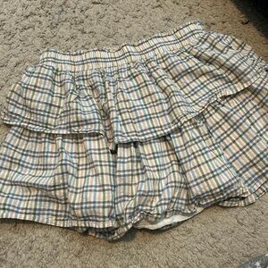 Aerie White Ruffle Skirt with Blue, Green, and Orange Plaid
